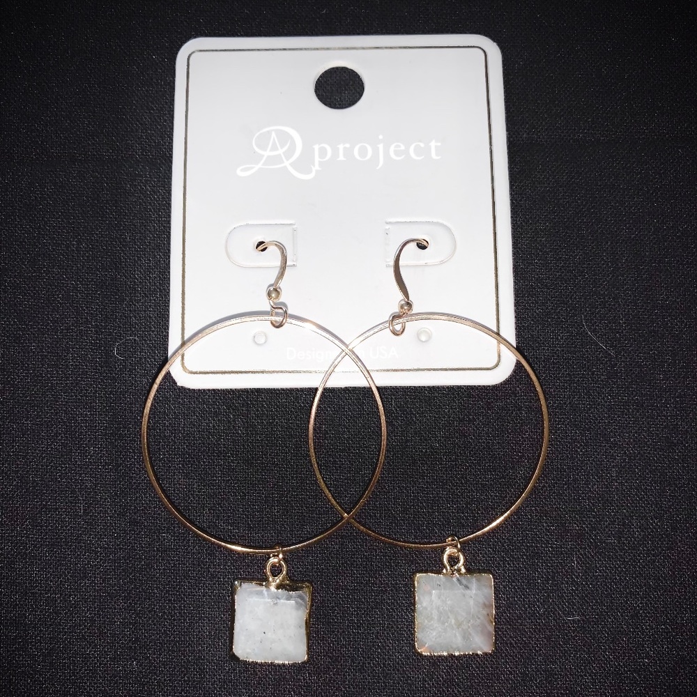 A Project Dangle Earrings, Gold color, Hoop with Gray Stone